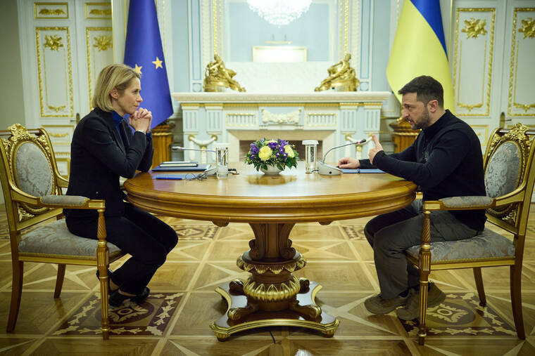 UKRAINIAN PRESIDENTIAL PRESS SERVICE/HANDOUT VIA REUTERS
                                Ukraine’s President Volodymyr Zelensky and European Commission Vice-President and High Representative for Foreign Affairs and Security Policy Kaja Kallas meet, amid Russia’s attack on Ukraine, in Kyiv, Ukraine.