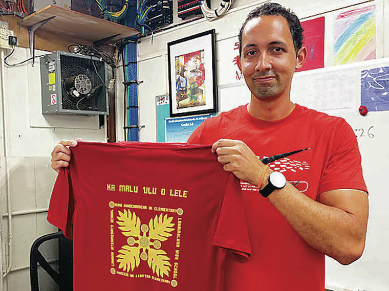 COURTESY PHOTO / 2023
                                Lahaina teacher Nate Kahaiali‘i is running marathons to raise funds for Lahaina families. He is also selling a T-shirt he made representing the four public schools that were lost and a historic ulu grove.