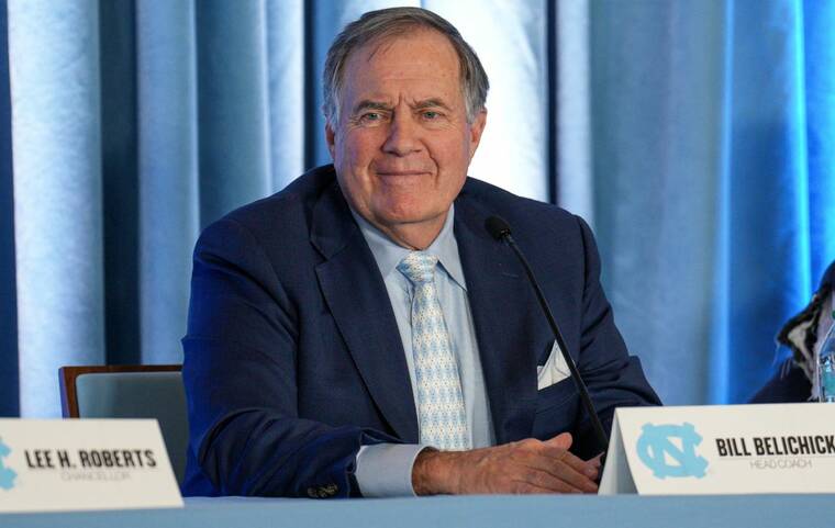 JIM DEDMON-IMAGN IMAGES
                                North Carolina Tar Heels new head coach Bill Belichick speaks to those attending his hiring announcement, today, at the Loudermilk Center for Excellence.