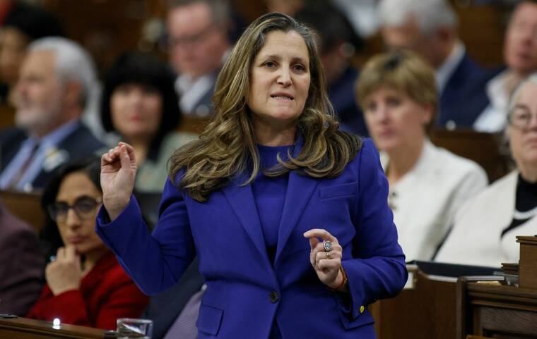 REUTERS/BLAIR GABLE/FILE PHOTO
                                Canada’s Deputy Prime Minister and Minister of Finance Chrystia Freeland speaks during Question Period in the House of Commons on Parliament Hill in Ottawa, Ontario, Canada, on Dec. 3. Canada’s Finance Minister Chrystia Freeland quit today after clashing with Prime Minister Justin Trudeau on issues including how to handle possible U.S. tariffs, dealing an unexpected blow to an already unpopular government.