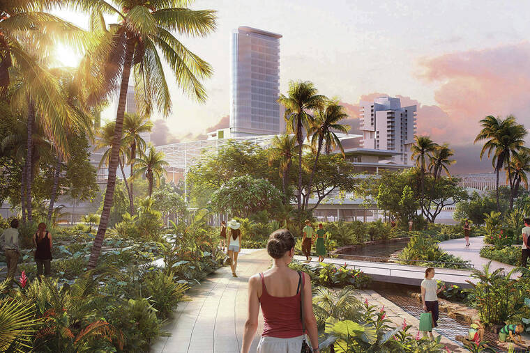 COURTESY ALOHA HALAWA DISTRICT PARTNERS
                                The latest renderings for the New Aloha Stadium Entertainment District project were shown Thursday to the Aloha Stadium Authority. This rendering shows green spaces including the proposed Eco-­Ribbon Park.