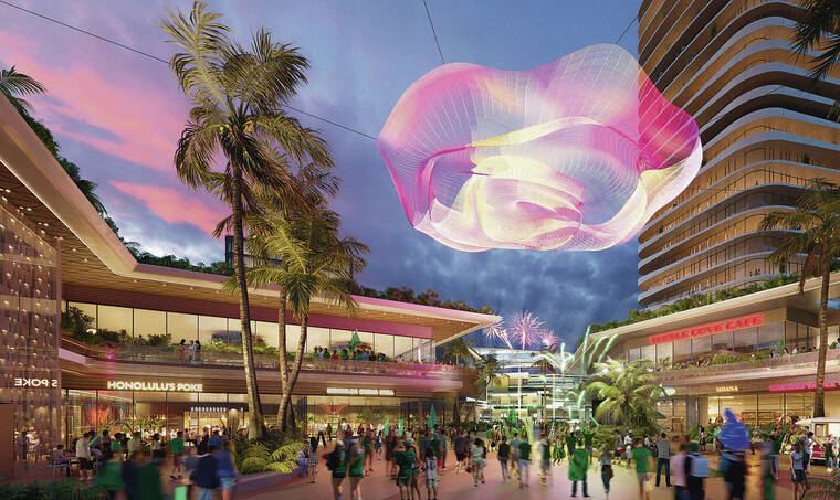 COURTESY ALOHA HALAWA DISTRICT PARTNERS
                                The latest renderings for the New Aloha Stadium Entertainment District project were shown Thursday to the Aloha Stadium Authority. This rendering shows a community plaza adjacent to the stadium, which includes shops, restaurants and venues for music and culture.