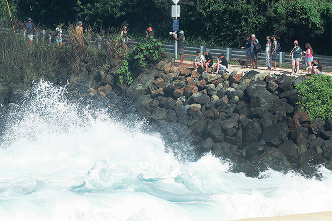 JAMM AQUINO / JAQUINO@STARADVERTISER.COM
                                People watch large waves at Waimea Bay on Friday.